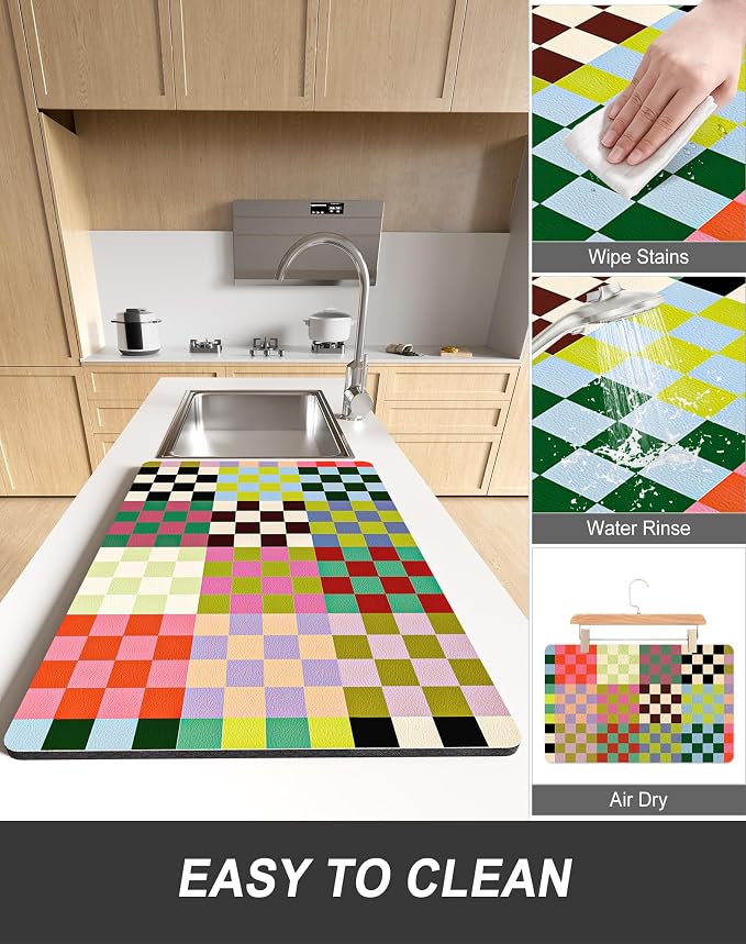 Rnivvi Dish Drying Mat for Kitchen Counter, 12 x 19" Cute Checkered Absorbent - Image 6