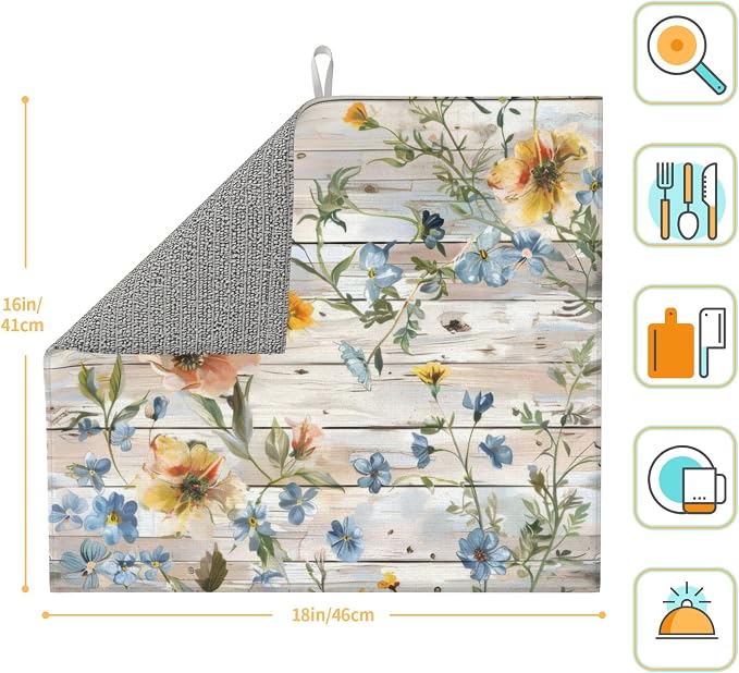 Flowers on Wooden Board Dish Drying Mat 16x18 Inch, Microfiber Absorbent Fast - Image 2