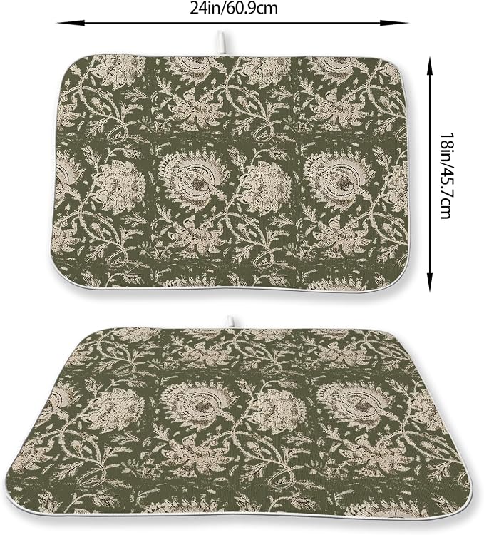 Green Dish Drying Mat 18 x 24 Inch Vintage Olive Green Floral Drying Mat - Image 3
