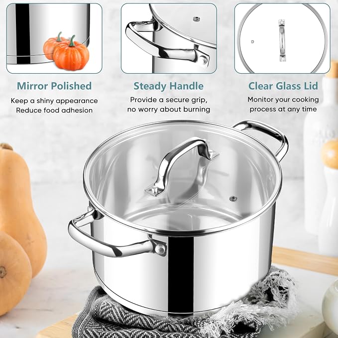 E-far 6 Quart Stock Pot with Lid, Stainless Steel Stockpot - Image 5