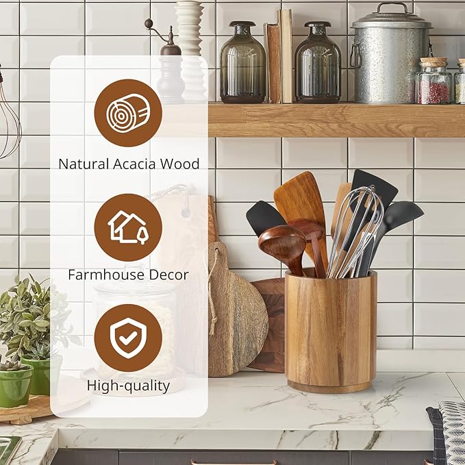 Bivvclaz Acacia Wood Utensil Holder, 360°Rotating 7.2" Utensil Holder - Image 4