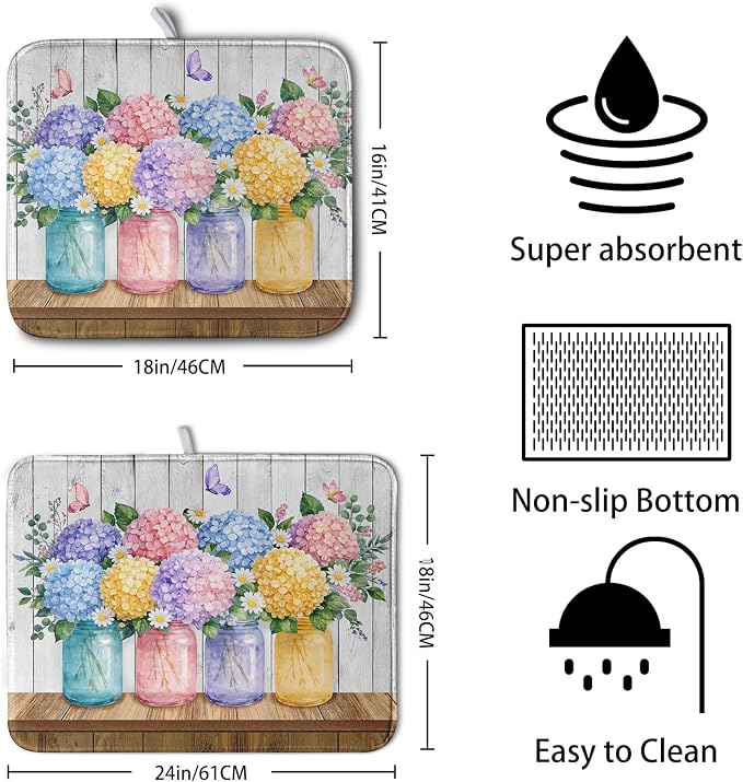 Hydrangea Dish Drying Mat for Kitchen Counter Spring Summer Floral Vases dish - Image 2