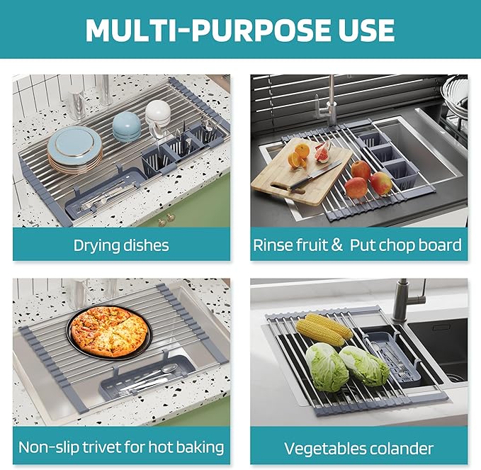 BBXTYLY Expandable Roll Up Dish Drying Rack Up to 22.8''with 2 Storage Baskets - Image 5