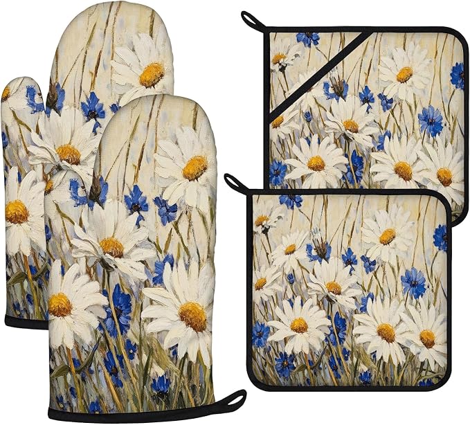 Daisy Flowers Oven Mitts and Pot Holders Sets 4Pcs, Extra Long Oven Gloves by VisittheDuibelproduct