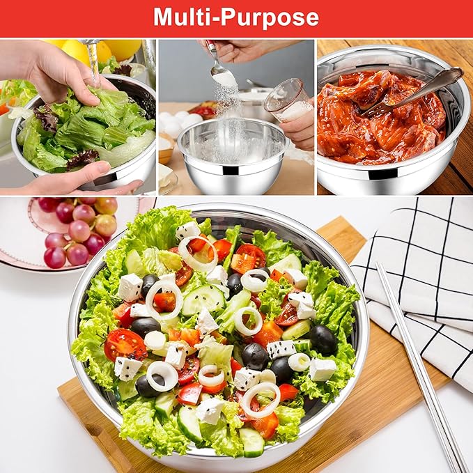 E-far Mixing Bowls with Lids, 6-Piece Stainless Steel Salad Bowls Metal Nesting - Image 4