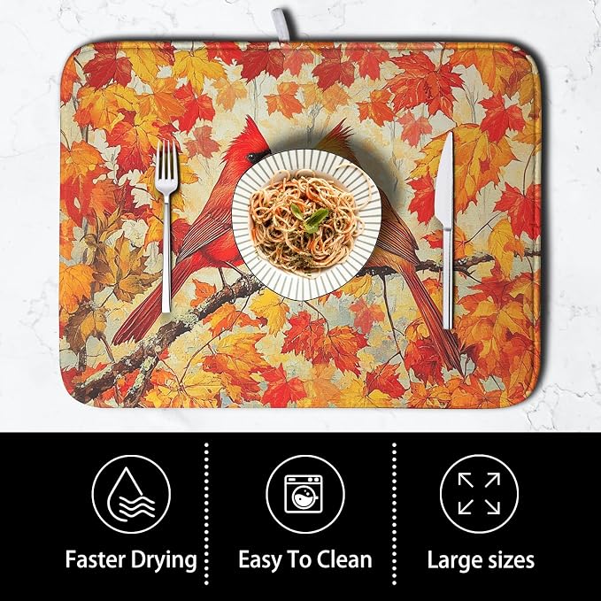 Fall Dish Drying Mats for Kitchen Counter Maple Leaf Cardinal Birds Dish - Image 4