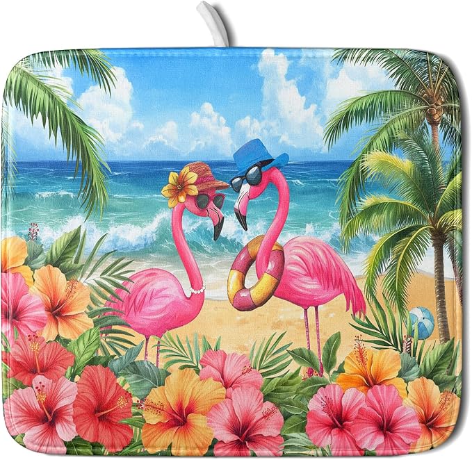 Summer Flamingos Dish Drying Mat 16x18 inch Tropical Beach Microfiber Washable by Giwawa
