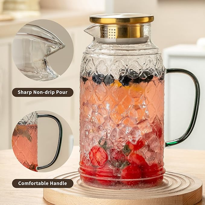 Buaic Glass Pitcher with Lid, 68 oz/2 Liter Vintage Water Pitcher, Iced Tea - Image 4