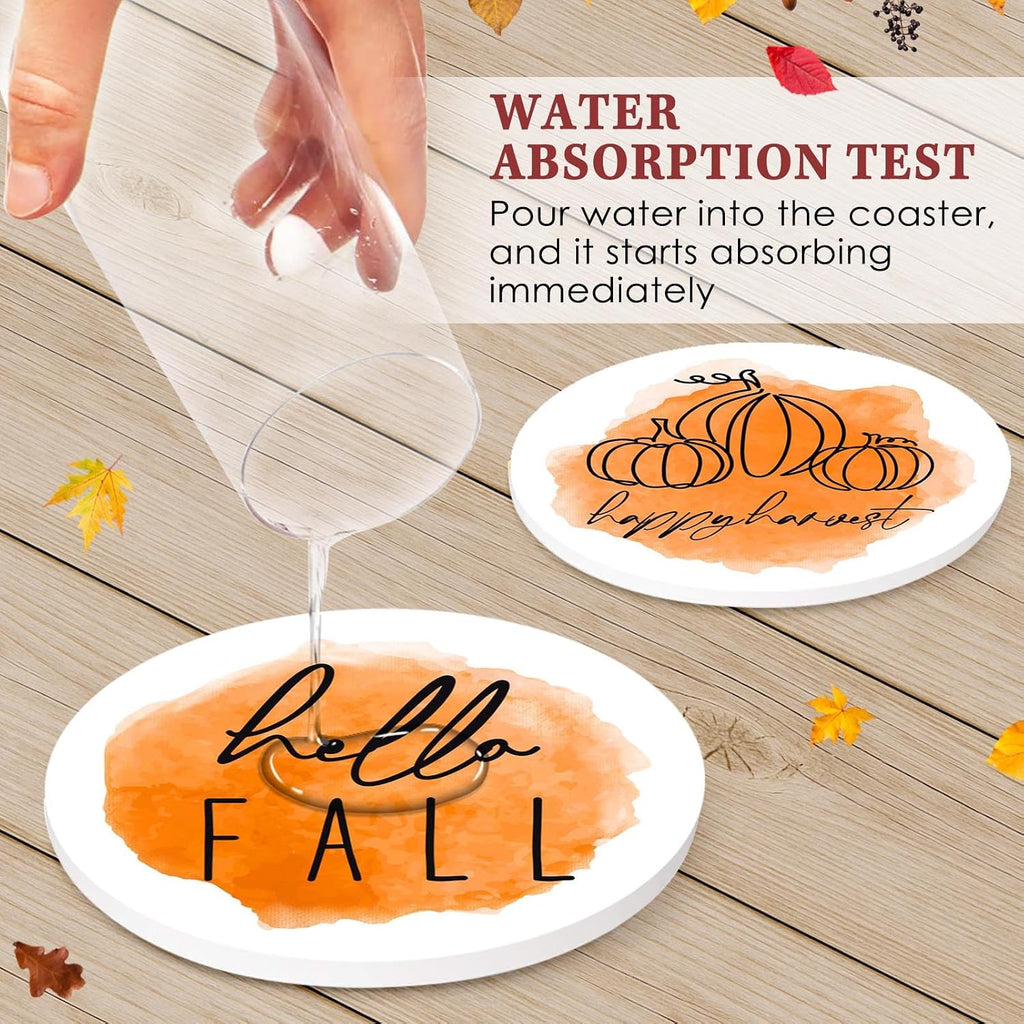 Fall Coasters for Drinks, Set of 6, Ceramic Stone, Autumn Pumpkin