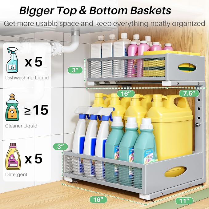 Under Sink Organizer, L-Shaped Adjustable Height, Mesh Sliding Drawer - Image 3