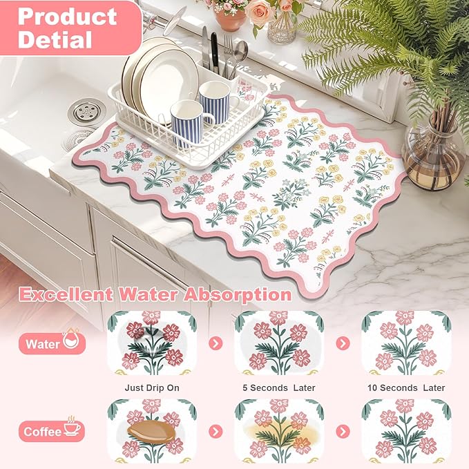 LOKHOM Scalloped Floral Dish Drying Mat, Cuttable Hide Stain Non-slip Drying Mat - Image 3