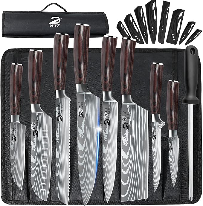 Dfito Chef Knife Sets with Roll Bag, 9 Pieces Professional Knife Set, High by DFITO