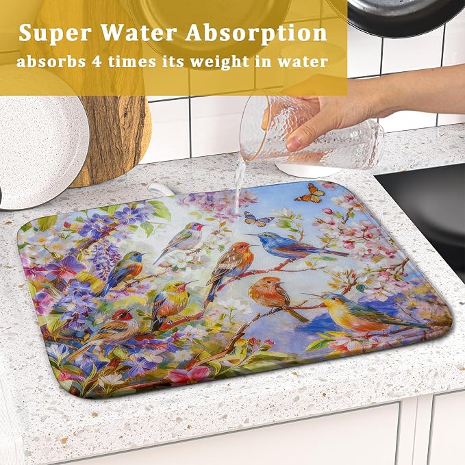 Spring Bird Dish Drying Mats for Kitchen Counter Floral Small Dish Drying Pad - Image 7