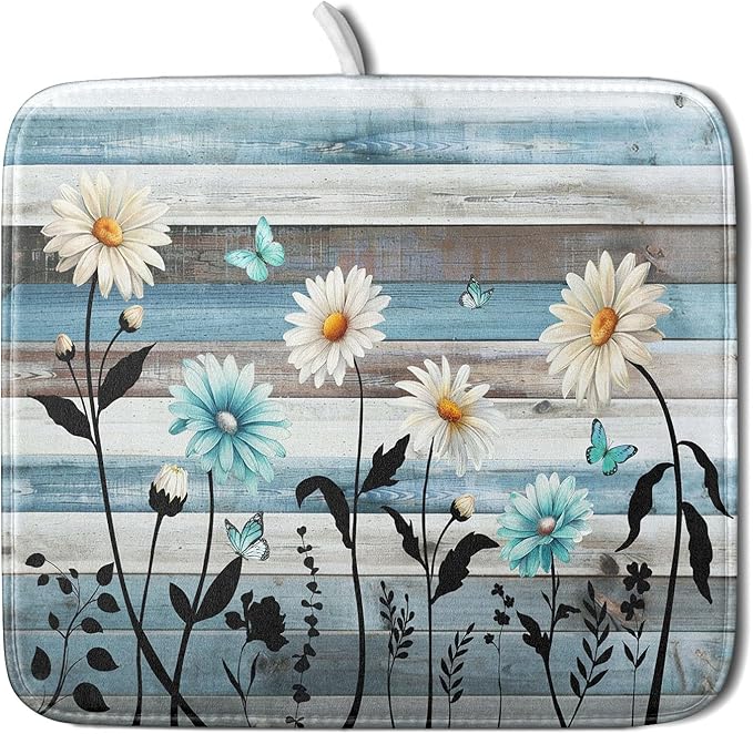 Blue White Daisy Floral Dish Drying Mat by Anyako