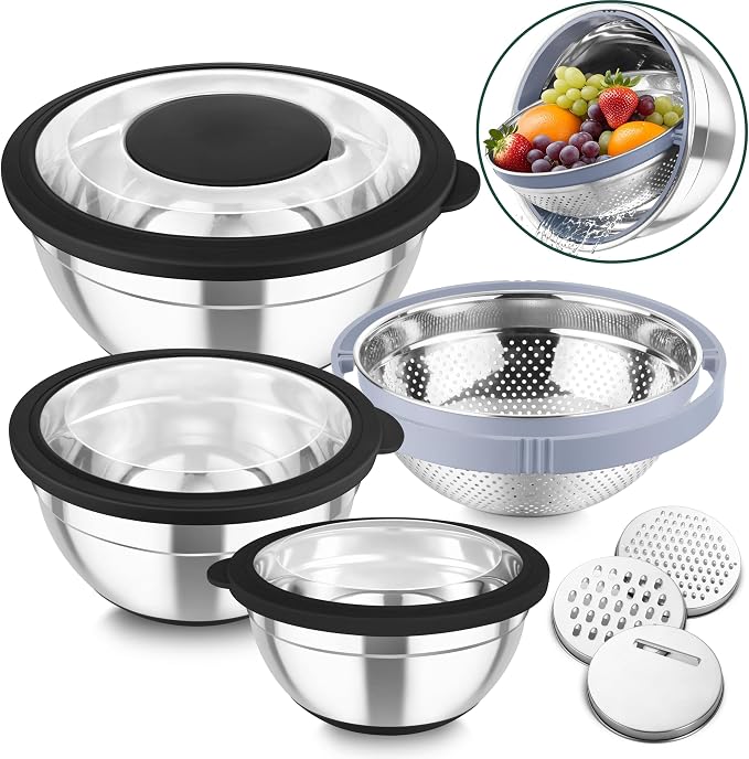TeamFar Mixing Bowls with Colander Set, Stainless Steel Strainer and Nesting by TeamFar