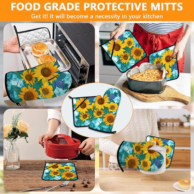 Sunflower Oven Mitts and Pot Holders Sets 4Pcs, Extra Long Oven Gloves Potholder - Image 7