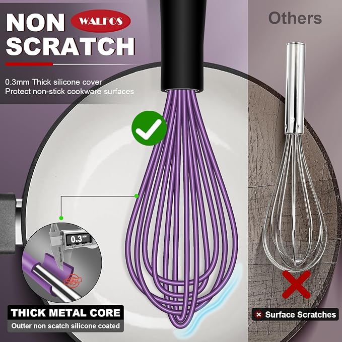Walfos Whisk, Silicone Whisks Set of 5, Mini Stainless Steel Whisk 7+5in & Non - Image 2