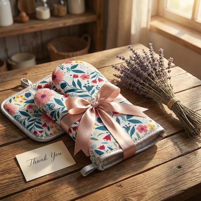 Floral Oven Mitts and Pot Holders Sets 2 Pcs, Canvas Heat Resistant Kitchen - Image 8