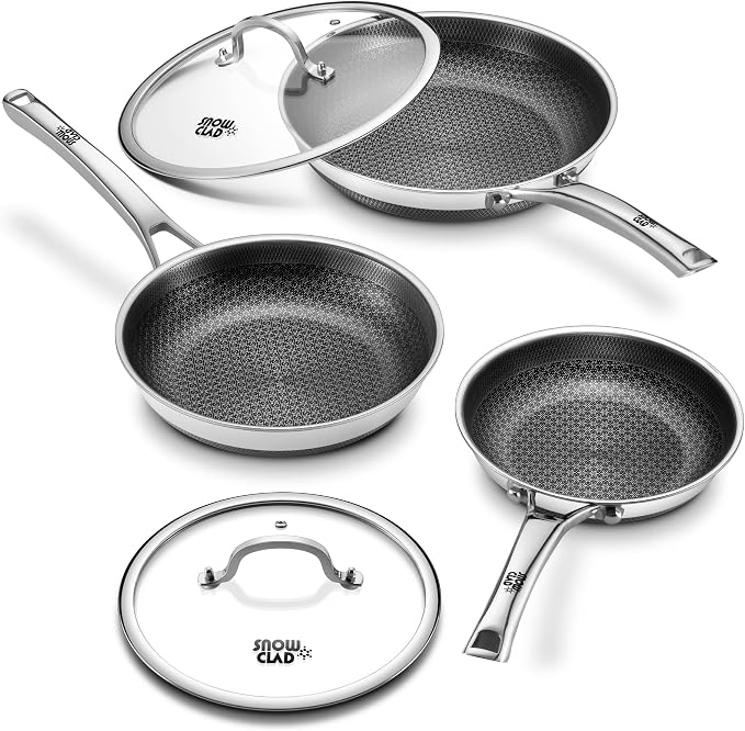 Non Stick Frying Pans with 2 Lids, 8+10+12 inch, Hybrid Frying Pans Set Nonstick by Yonida