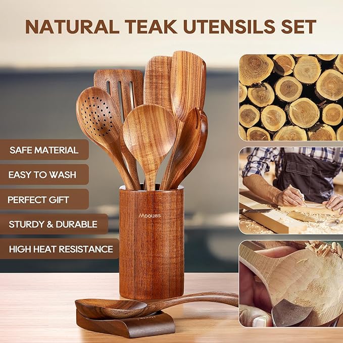 Mooues 9 Piece Natural Teak Wooden Kitchen Utensil Set - Image 2