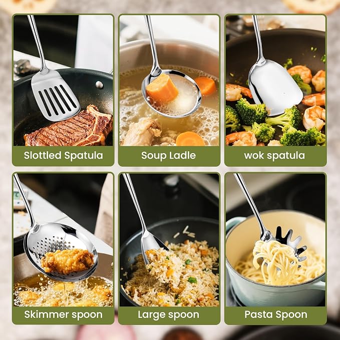VALESKA 6PCS Stainless Steel Cooking Utensils Set, 18/10 Metal Kitchen Utensils - Image 4