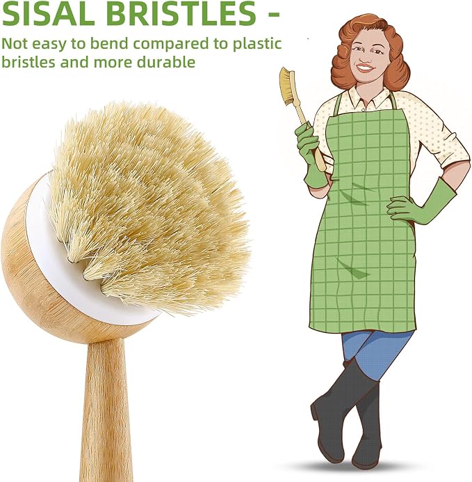 SUBEKYU Dish Brush with Handle, Natural Bamboo Dish Scrubber Brush, Kitchen - Image 5