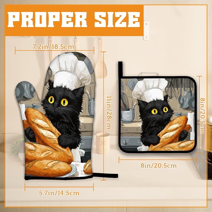 Cute Black Cat Oven Mitts and Pot Holders Set, Chef Kitchen Decor Heat - Image 2