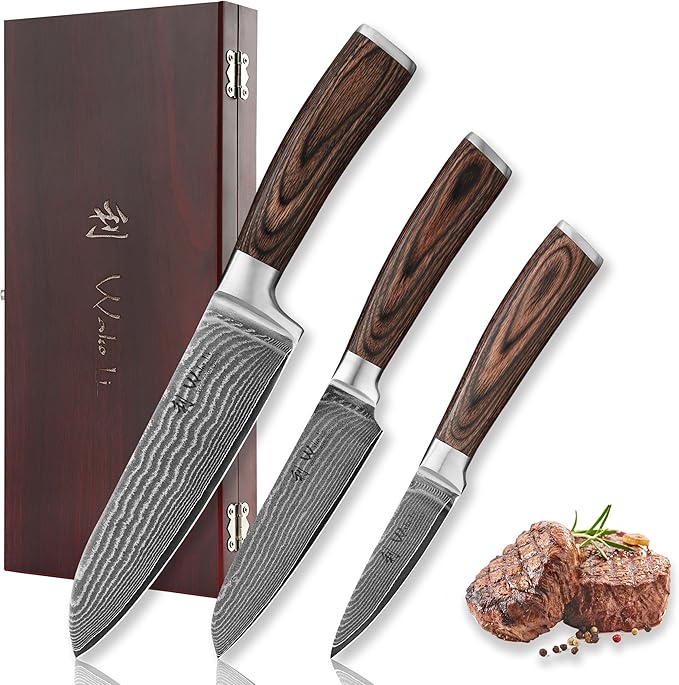 Wakoli EDIB 3-Piece Damascus Kitchen Knife Set in Wooden Gift Box, Razor Sharp by Wakoli