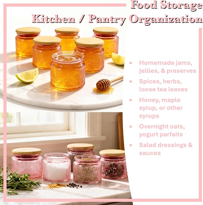 4 oz Pink Glass Jars with Airtight Bamboo Lids 6 pack, Decorative Small Food - Image 2
