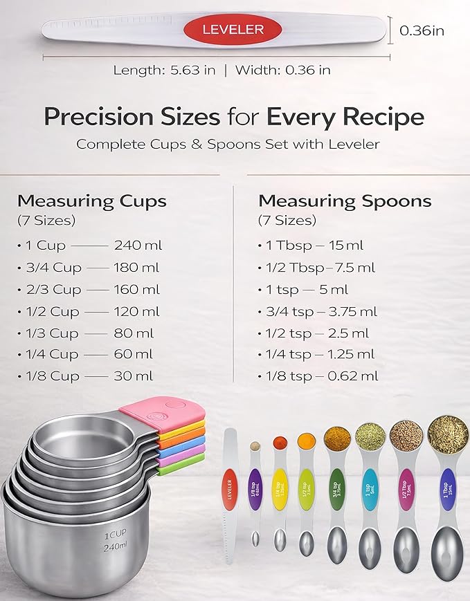 Magnetic Measuring Cups and Spoons Set304 Stainless Steel Dual Scale Set of 15 - Image 4