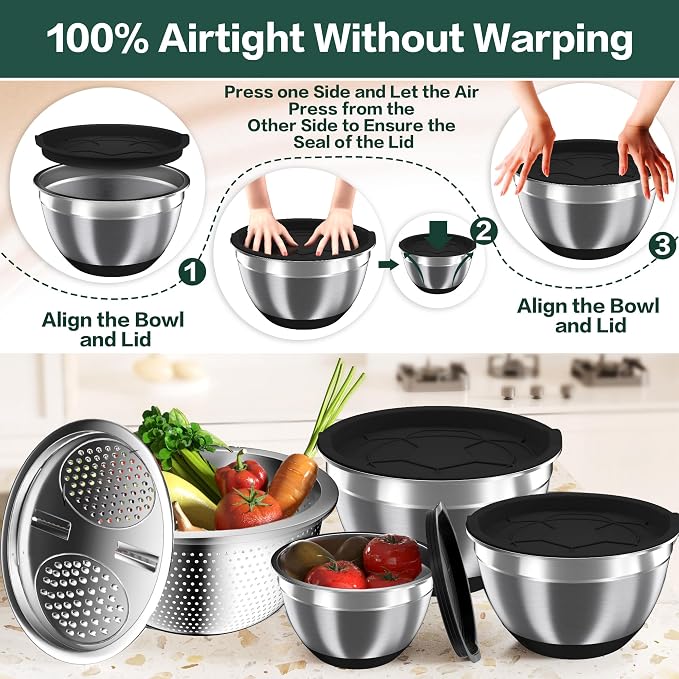 Nicdiet Mixing Bowls with Airtight Lids, Stainless Steel Mixing Bowl Set with 3 - Image 2