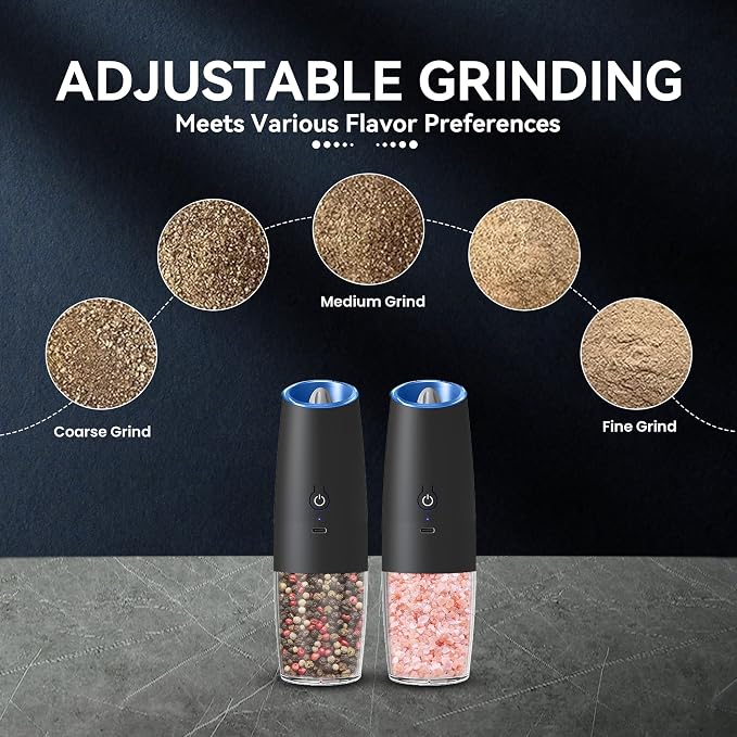 UNNEES Rechargeable Electric Salt and Pepper Grinder set of 2, gravity electric - Image 3
