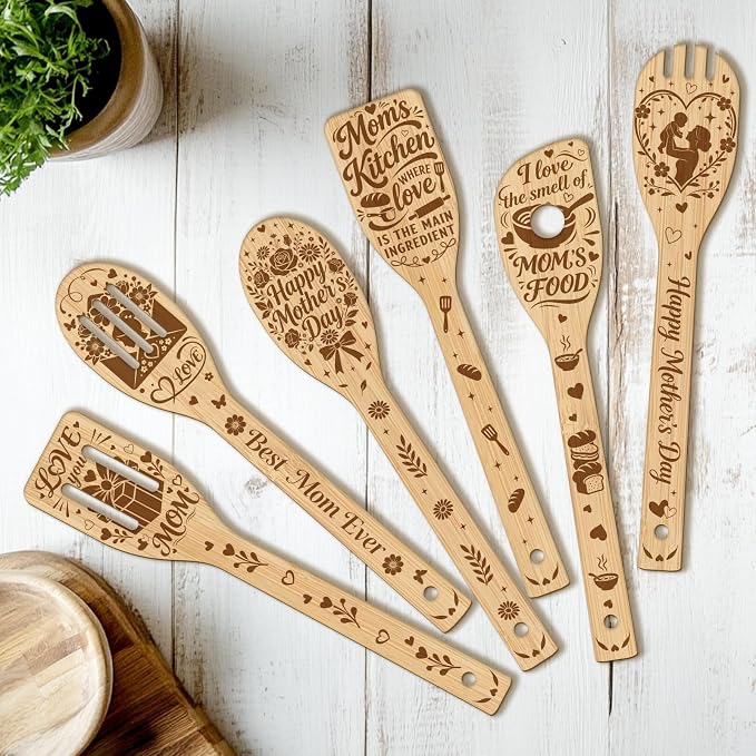 CUTHOLLOW 6PCS Mother's Day Elements Wooden Kitchen Cooking Utensil Set by CUTHOLLOW