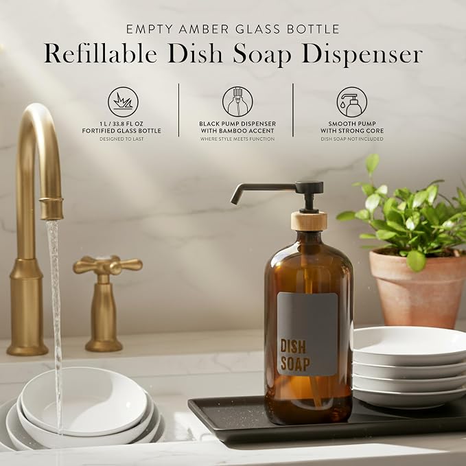 SAVVY & SORTED Amber Glass Dish Soap Dispenser - Image 2