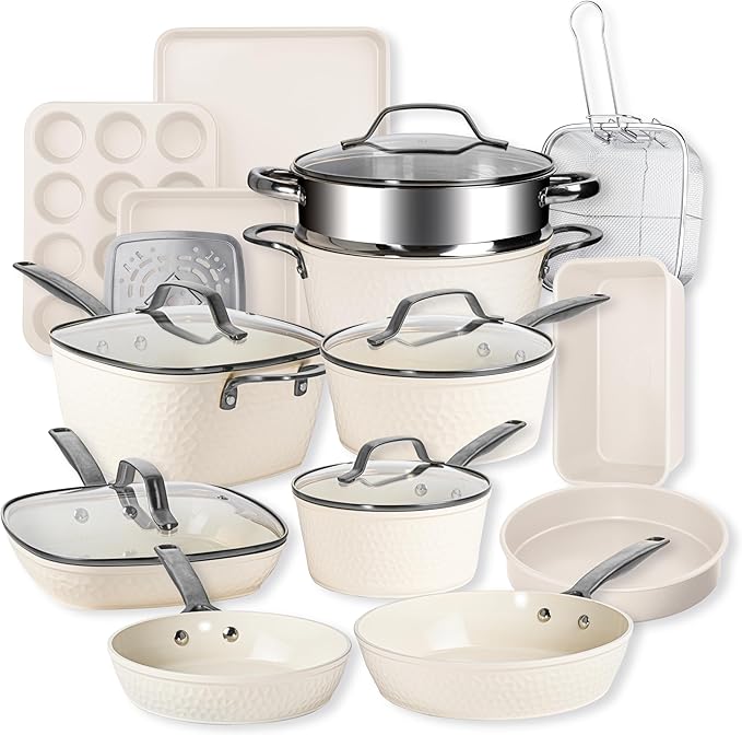 GOTHAM STEEL Hammered 20Pcs Ceramic Cookware Set Nonstick, Induction Pots and by GothamSteel