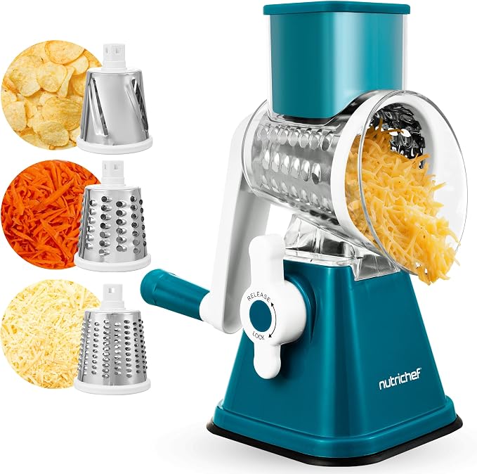 NutriChef 3 in 1 Cheese Grater & Shredder | Strong Suction Base, Rotary Handle by NutriChef%E2%84%A2Kitchen