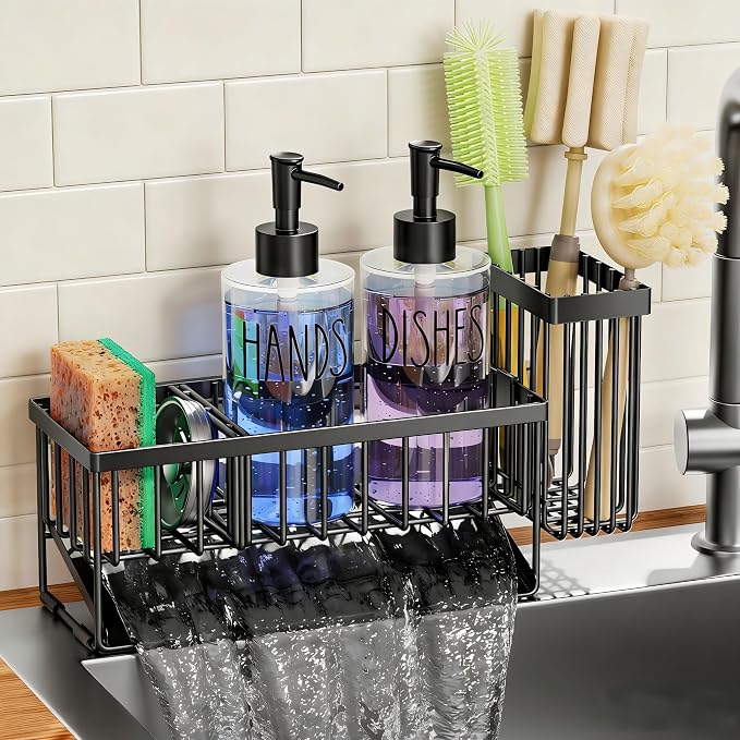 MASADI Kitchen Sink Caddy with Dish Soap Dispenser Set, 12OZ Glass Bottle by masadi