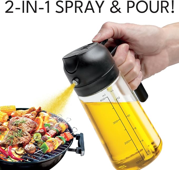 Olive Glow Cooking Oil Dispenser, 400 mL 2-in-1 Spray & Pour Glass Bottle - Image 2