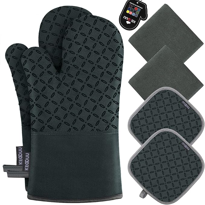 KEGOUU Oven Mitts and Pot Holders 6pcs Set, Kitchen Oven Glove High Heat by KEGOUUOvenMitt