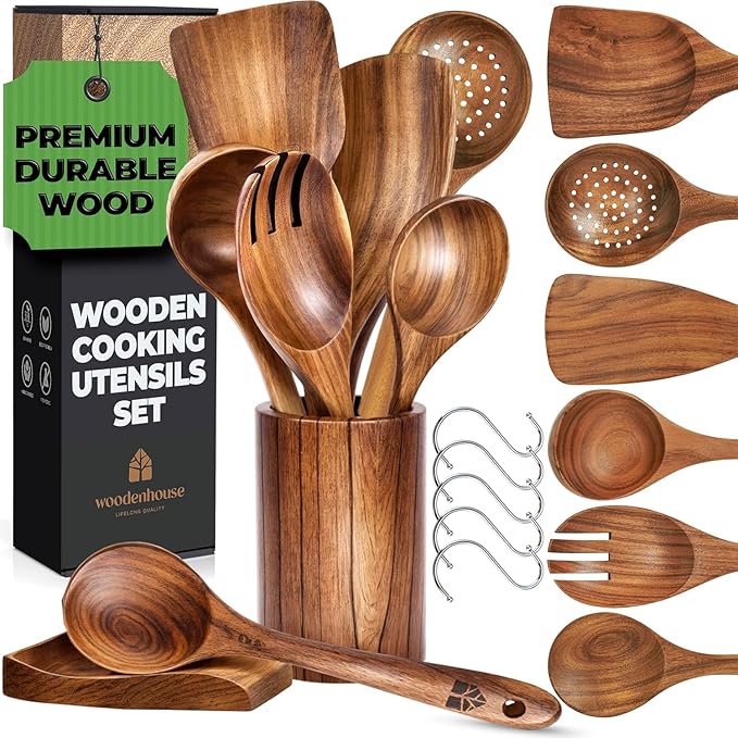 Wooden Utensil Set 8 Pcs – Sturdy & Easy to Clean, Natural Teak Wooden Spoons by Woodenhouse