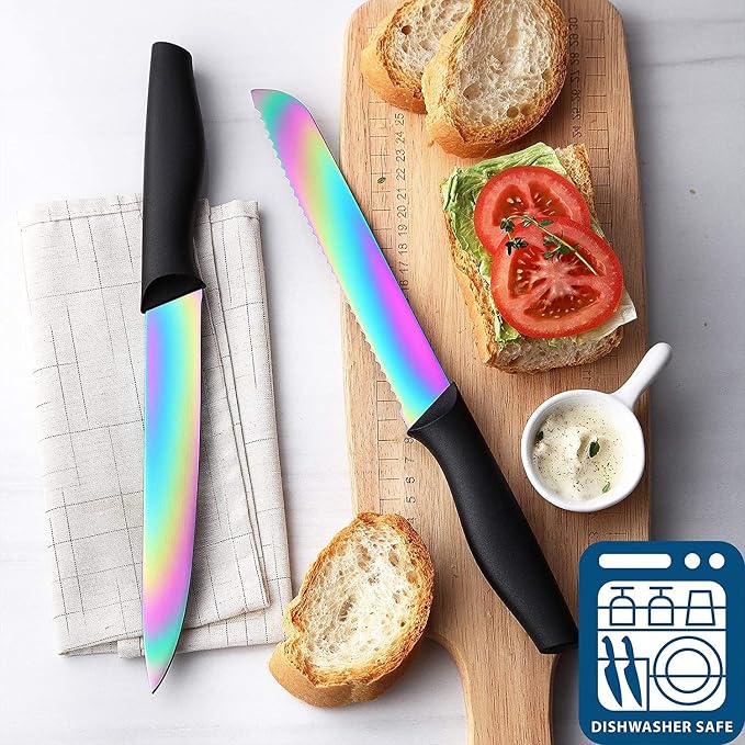 Marco Almond® Knife Block Set, 14-Piece Rainbow Color Stainless Steel Knife Sets - Image 3