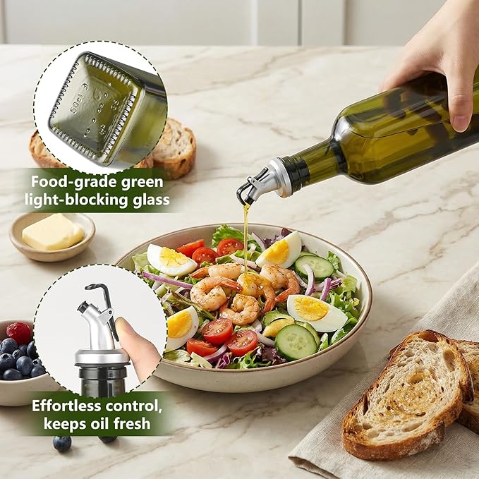 WERTIOO Green Olive Oil Dispenser Bottle, 17oz Glass Oil and Vinegar Dispenser - Image 6