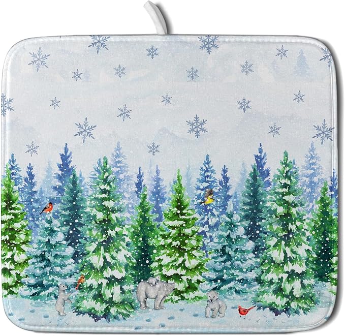 Watercolor Winter Dish Drying Pad Forest Kitchen Mat by Giwawa