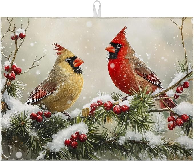 Winter Cardinal Bird Dish Drying Mat by MOUNTANLLY