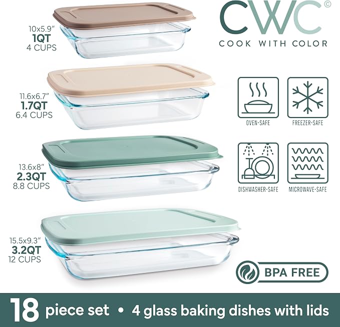 COOK WITH COLOR 8-Piece Deep Glass Baking Dish Set with Plastic Lids – - Image 3