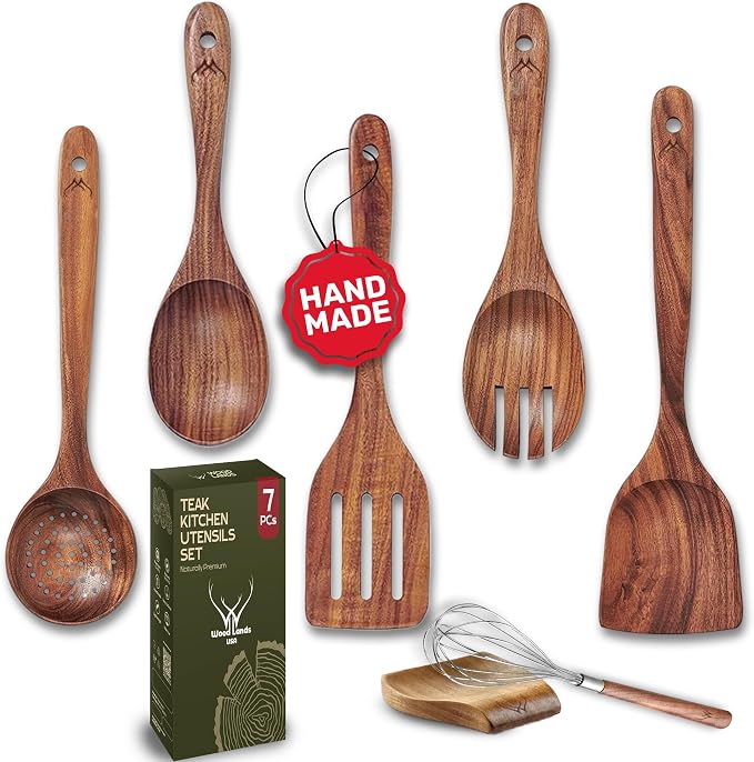 7 Pcs Teak Wooden Kitchen Utensils – Handcrafted Wooden Cooking Utensils Set by WOODLANDSUSA