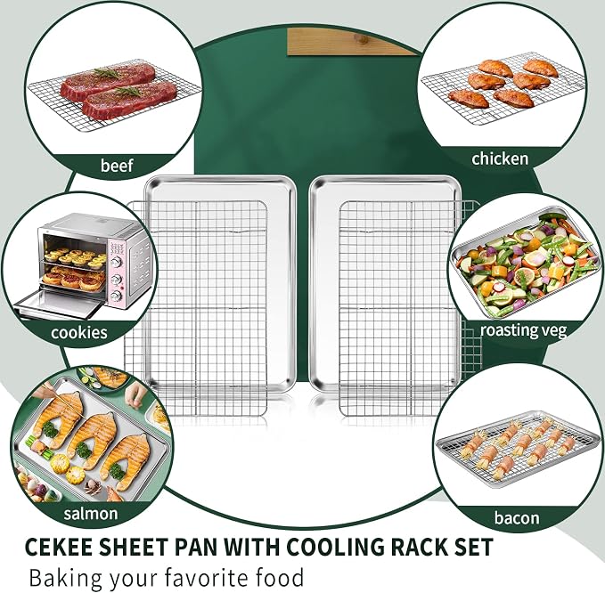 Jelly Roll Pan with Cooling Rack Set, CEKEE Stainless Steel Baking Sheet Tray - Image 5