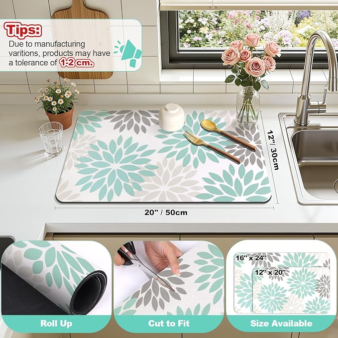 Findosom Floral Dish Drying Mat, Cuttable Drying Mat - Image 2