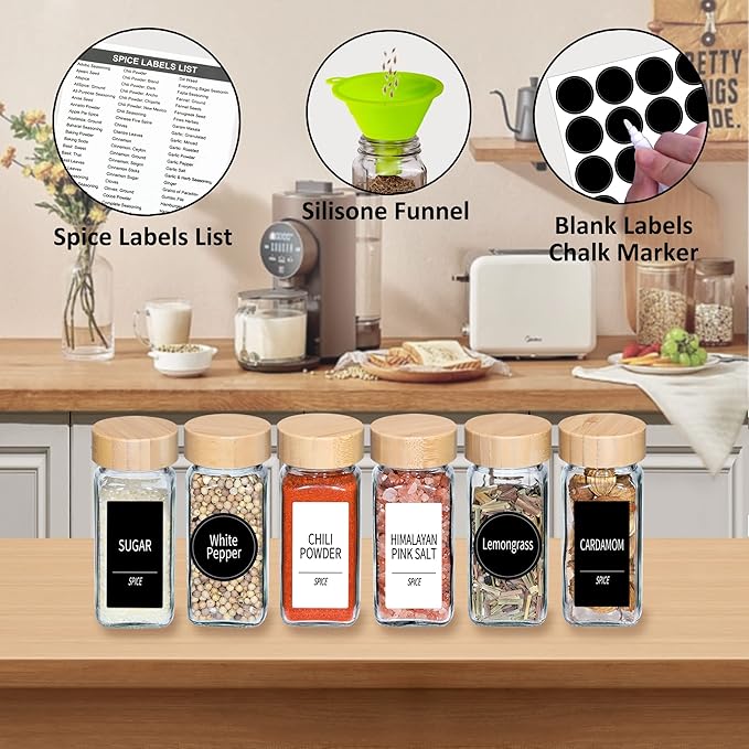 Churboro 48 Spice Jars with Labels- Spice Jars with Bamboo Lids - 4 Oz Glass - Image 2