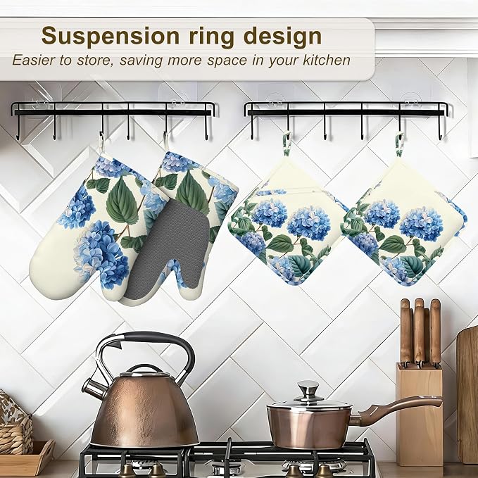 Blue Hydrangea Flower Spring Oven Mitts and Pot Holders Set of 4, Heat - Image 5